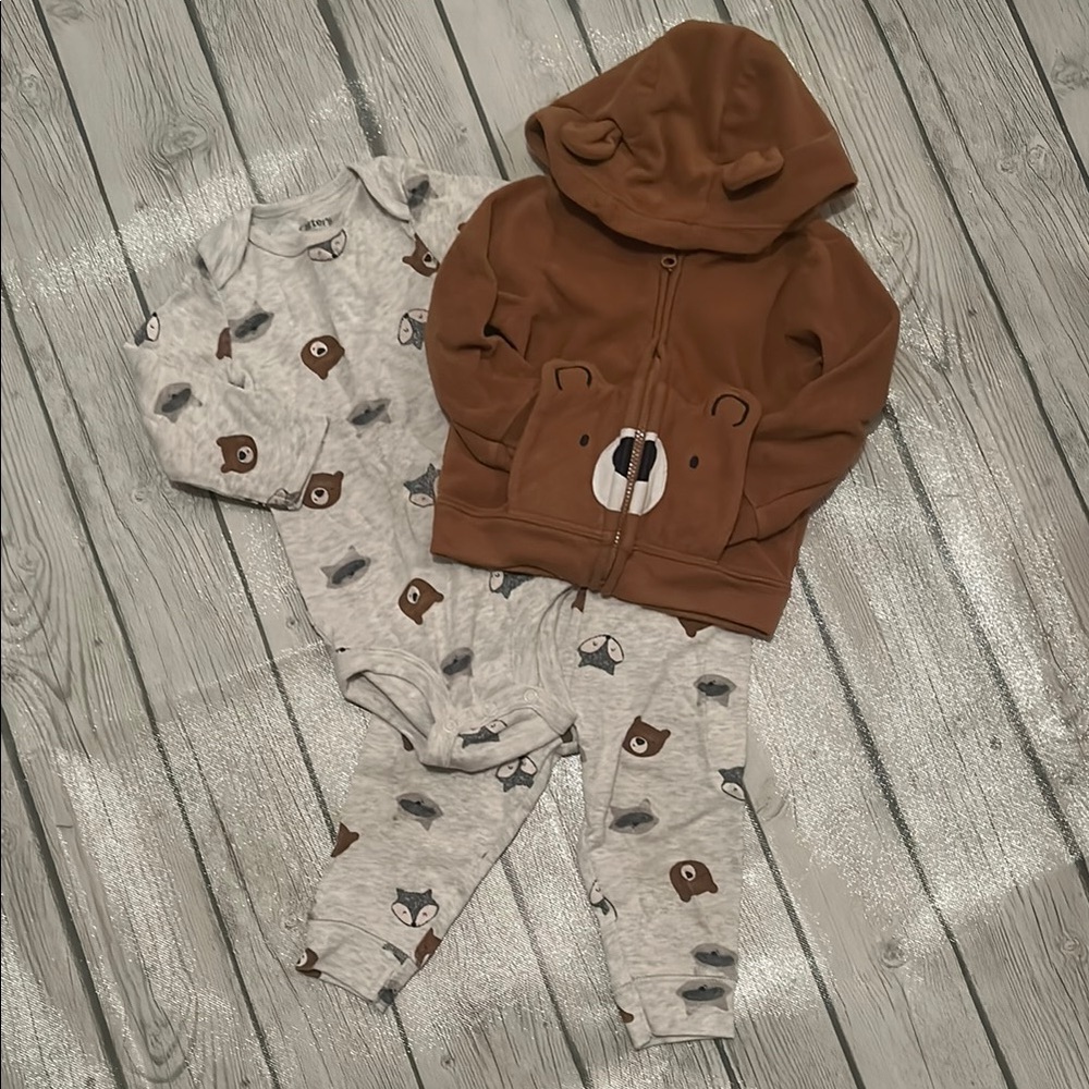 Carter’s 9mo Brown Bear Hoodie and Gray Onesie Set